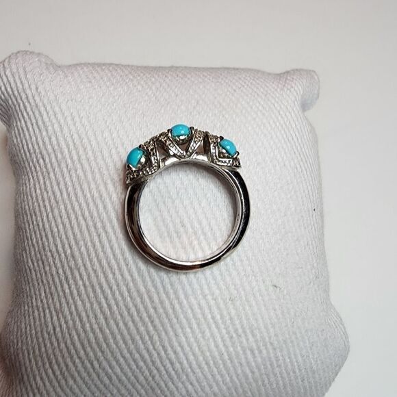 Gemstone Diamond Cut Three Stone Ring Sterling Silver Turquoise Size 5 - Picture 4 of 11
